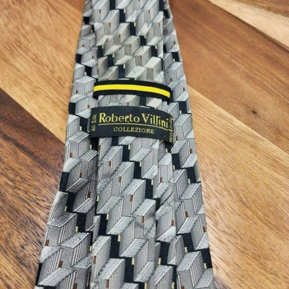 Roberto Villini Collezione Neck Tie Brown Black Tan 100% Silk Handmade 80s Vibes - Picture 2 of 8